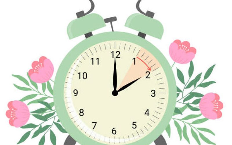 Spring forward time. Allarm clock with flowers and leaves. Vector illustration