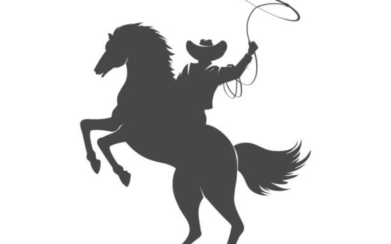 Monochrome cowboy with rope lasso on horse. Horseback cow-boy black silhouette element for country american texas rodeo western design isolated vector illustration